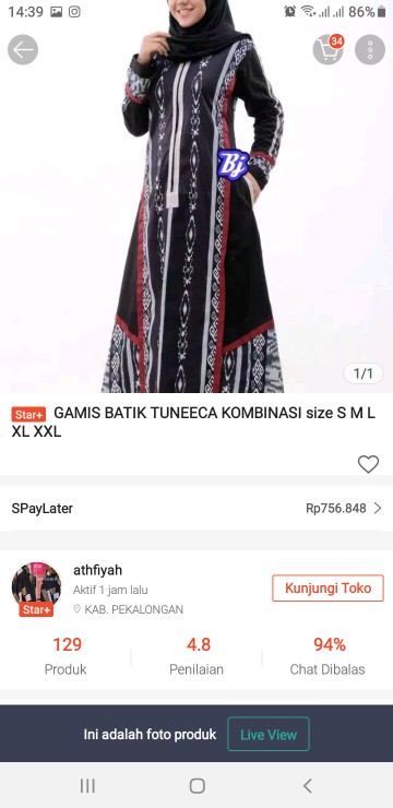Gamis Batik Tuneeca Kombinasi Size S M L Xl Xxl