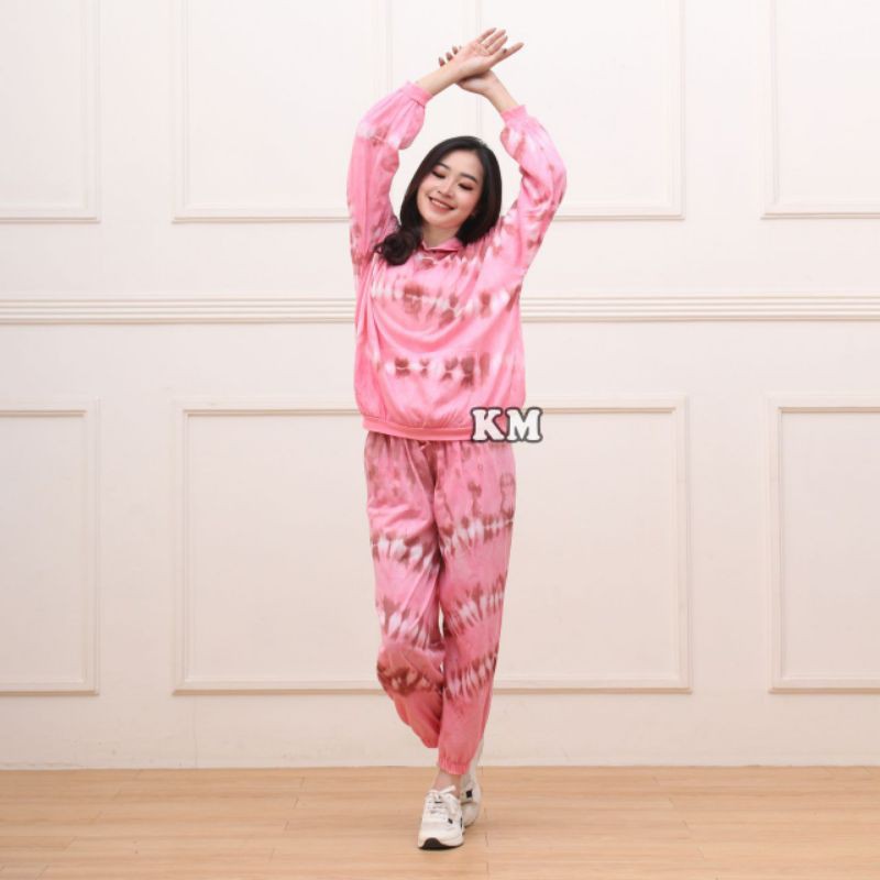 Setelan CP Sweater Hoodie Tiedye Set Celana Joger One Set Tiedye Fashion Baju Wanita Kekinian-Hoodie lurik Pink