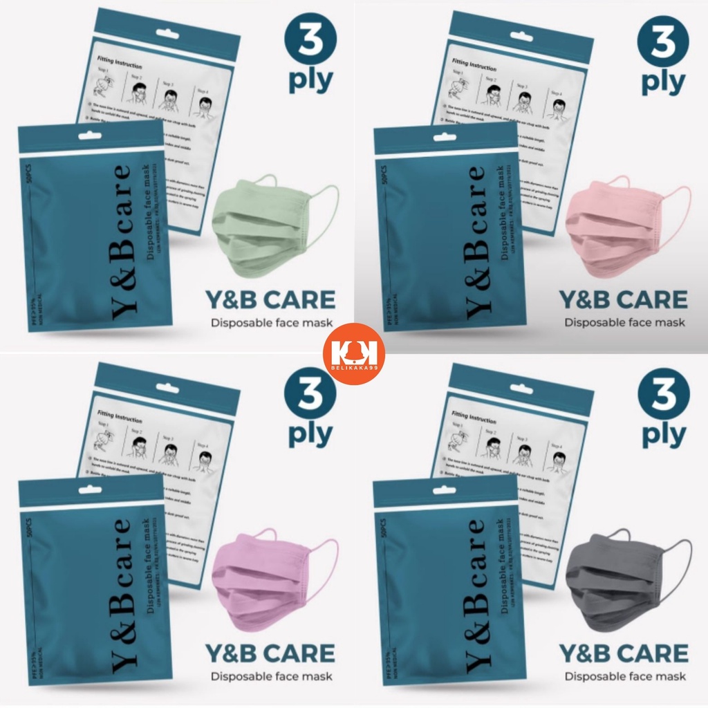 DISPOSABLE FACE MASK ISI 50 PCS Y&amp;B CARE WARNA MATCHA, PINK NUDE, GRAY, SHRIMPINK 3 PLY EARLOOP EDITION