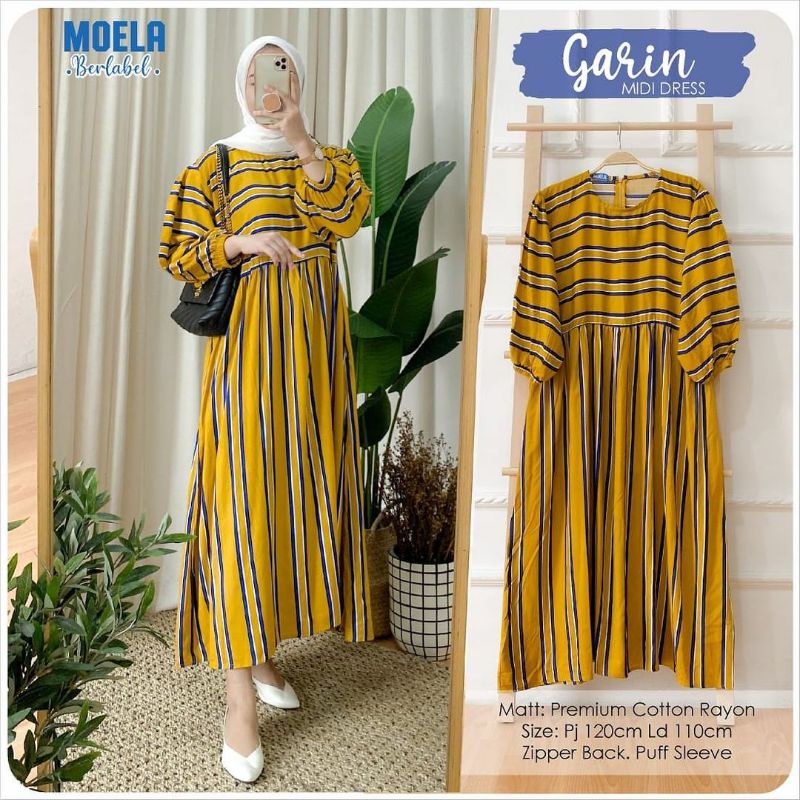 MIDIDRESS GARIN MOTIF SALUR KUNING // MIDI TERBESTSELLER