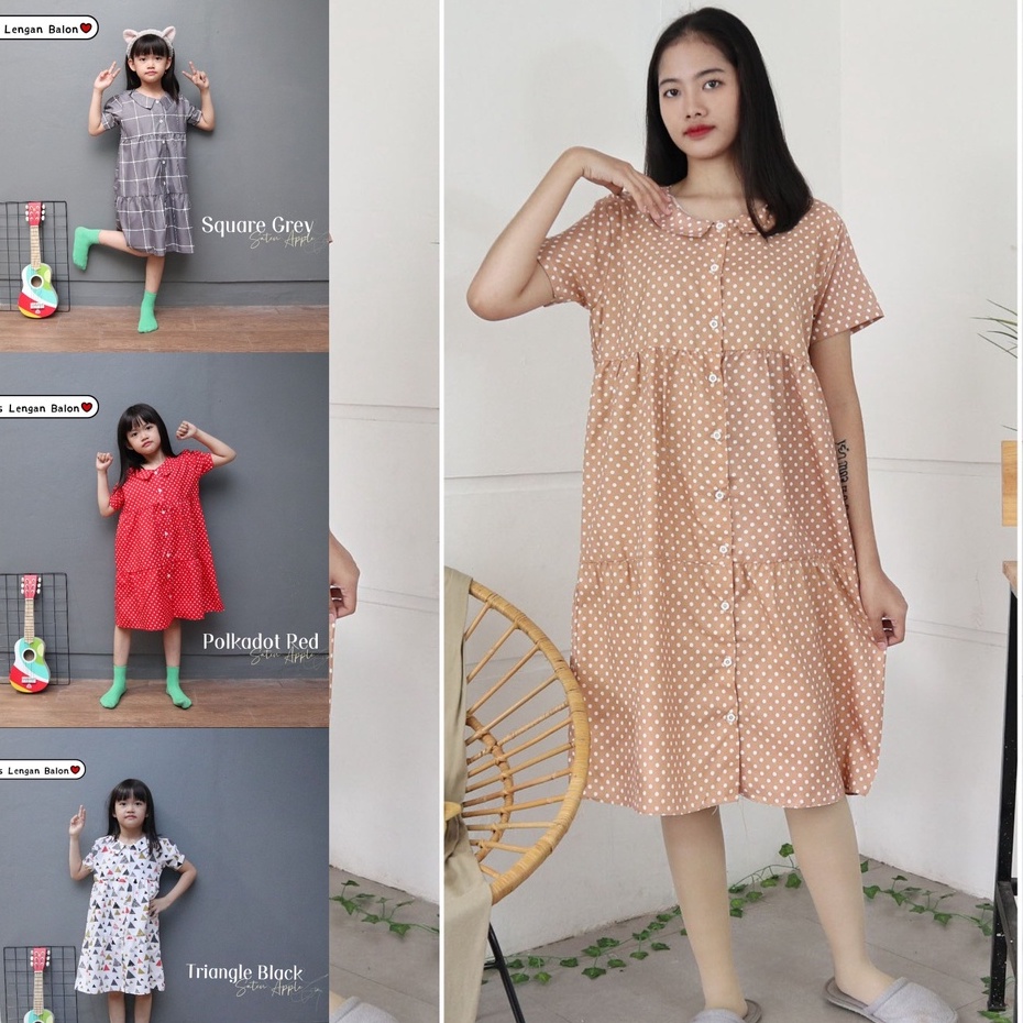 IZANY Dress Anak Lengan Balon / Midi Dress Anak Perempuan COUPLE Dewasa susun banyak motif