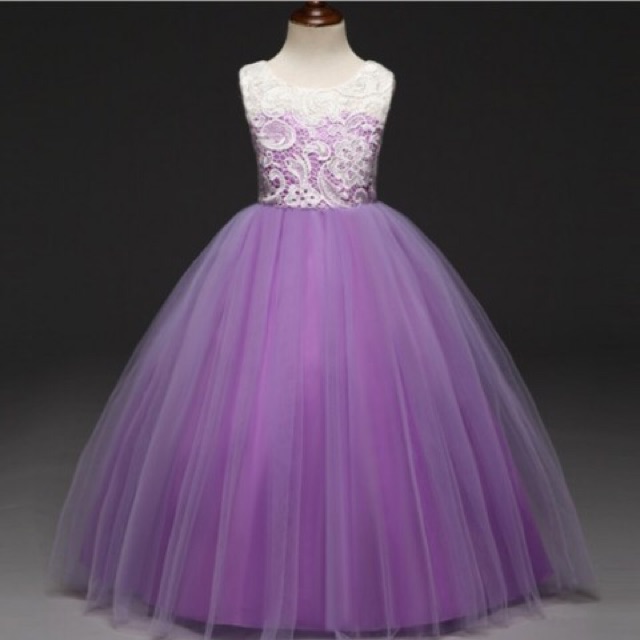 DRS 0585 Baju Gaun Pesta Anak Import Elegant Dress Party Long Dress Flower Brukat Purple