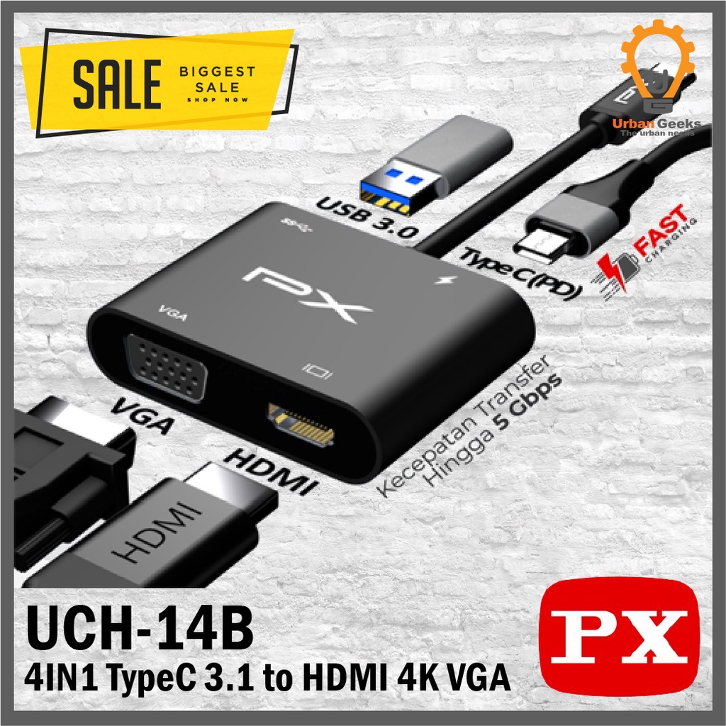 USB Hub Converter Adapter 4 in 1 4K PX UCH14B Type C 3.1 to HDMI VGA