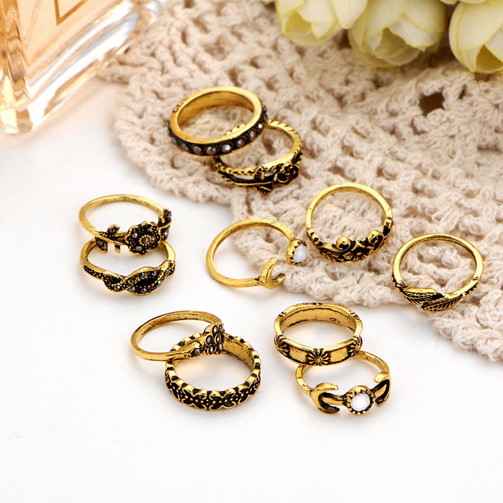 Hu Hu Hu Hu Hu Alat Bantu Pasang Kacamata♡ 11pcsset Cincin Buku Jari Aneka Bentuk Gaya Retro Bahan Alloy Untuk Wanita