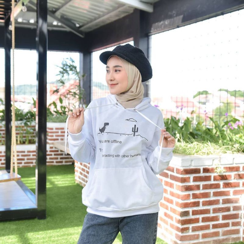 Jaket Sweater Hoodie Wanita Oversize Outerwear Pakaian Sweatshirt Korean Style Hudie Cewek OFFLINE-Putih