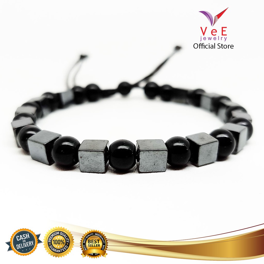 Gelang Batu Giok China Asli Hitam Blustin Kotak - VeE Gelang Tali Pria Wanita Kesehatan Anti Virus