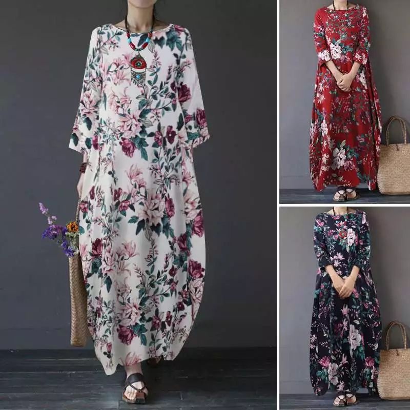 ZANZEA Gaun Maxi wanita import elegan motif bunga print model longgar jumbo S-5XL