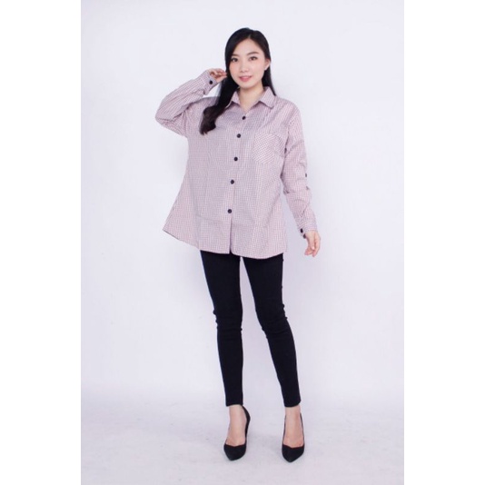 Kemeja Wanita Basic Lengan Panjang Katun Kotak Trendy/ Atas Wanita-4