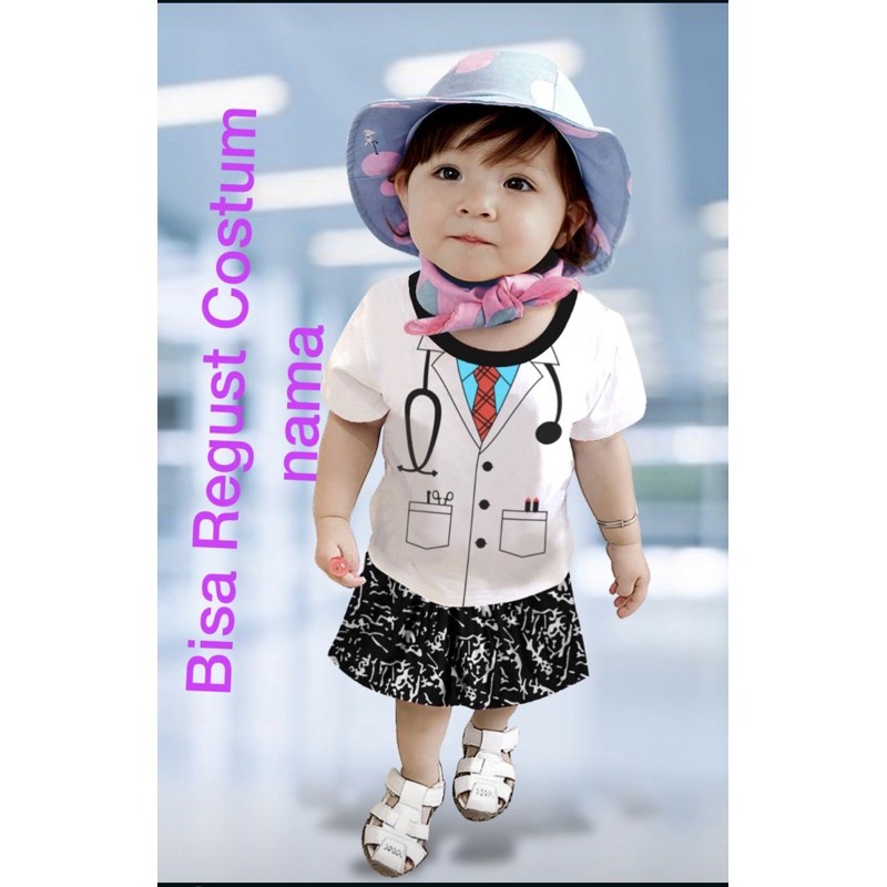 costum nama CUSTOM NAMA anak setelan rok karakter dokter 6 bulan- 3 tahun pakai