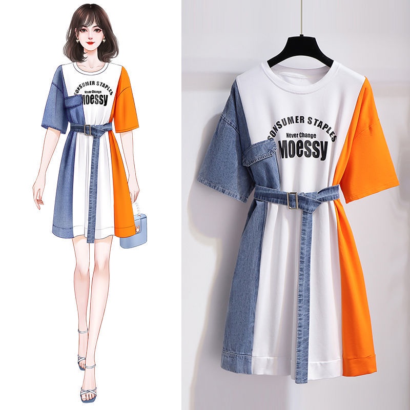 Denim stitched T-shirt dress women's summer 2021 new design sense, small people close the waist and