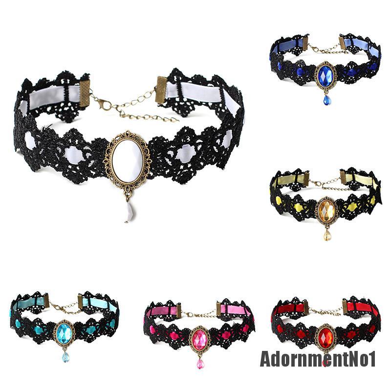 (Adornmentno1) Kalung Choker Lace Hitam Hias Kristal + Rantai Gaya Vintage / Gothic Untuk Wanita