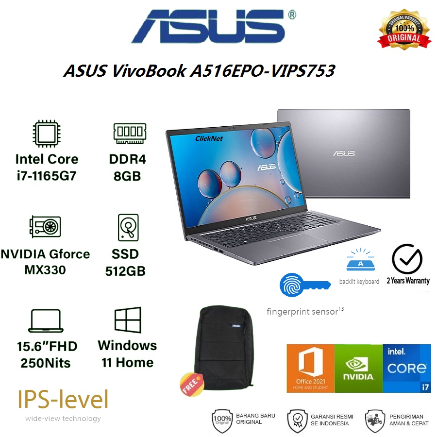 ASUS A516EPO-VIPS753 i7-1165G7 8GB 512GB SSD MX330 2GB FHD IPS W11 OHS