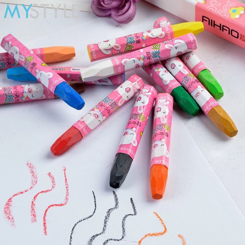 CRAYON SET OIL PASTEL 12 WARNA PENSIL WARNA ALAT MEWARNAI ALAT LUKIS ANAK PINK BIRU