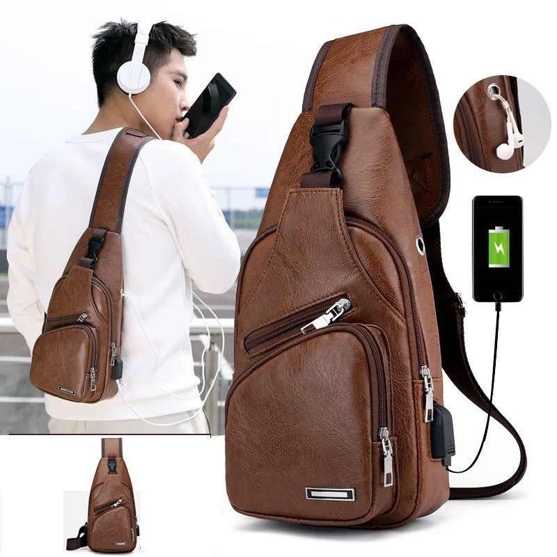 TAS KULIT SELEMPANG PRIA COKLAT RONALDO ASLI USB IMPORT MURAH TA003B7 PROMO BATAM HP DADA SLING BAG