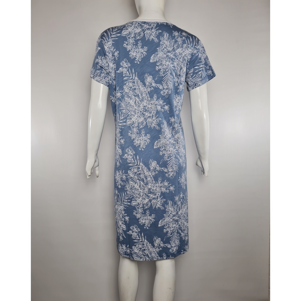 Daster Wanita Dewasa Katun - Biru Motif White Leaf