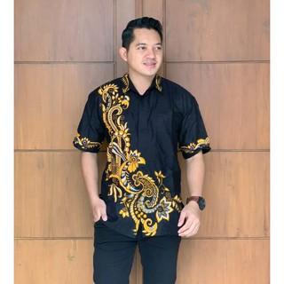  Baju  Batik  pria lengan pendek Kemeja kerja dasar hitam  