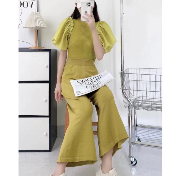 A164 Set2in1 Setelan ONESET baju atasan blouse lengan pendek set celana panjang kulot rajut knit Kor