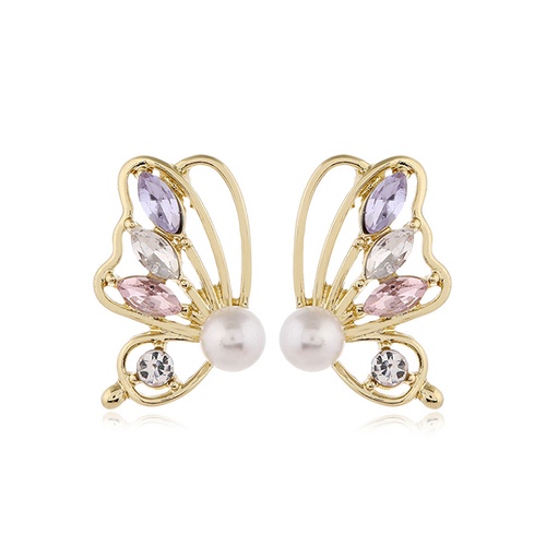 LRC Anting Fashion Color Mixing Butterfly Diamond Pearl Hollow Alloy Stud Earrings