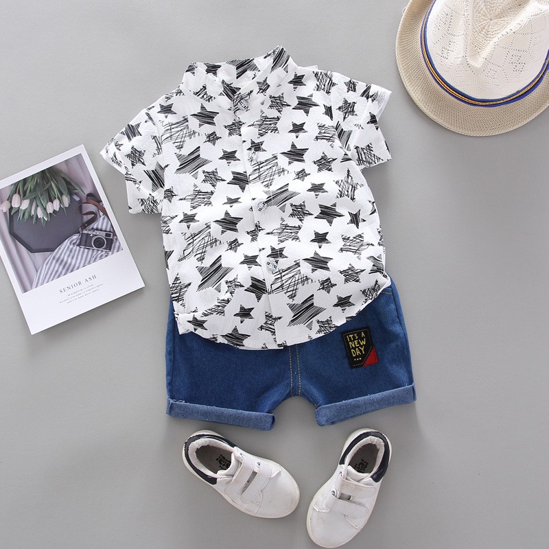 HappyOliver SET KEMEJA BELGIAN STARS EBV Setelan Kemeja Bayi Laki-laki Lengan Pendek celana softdenim melar