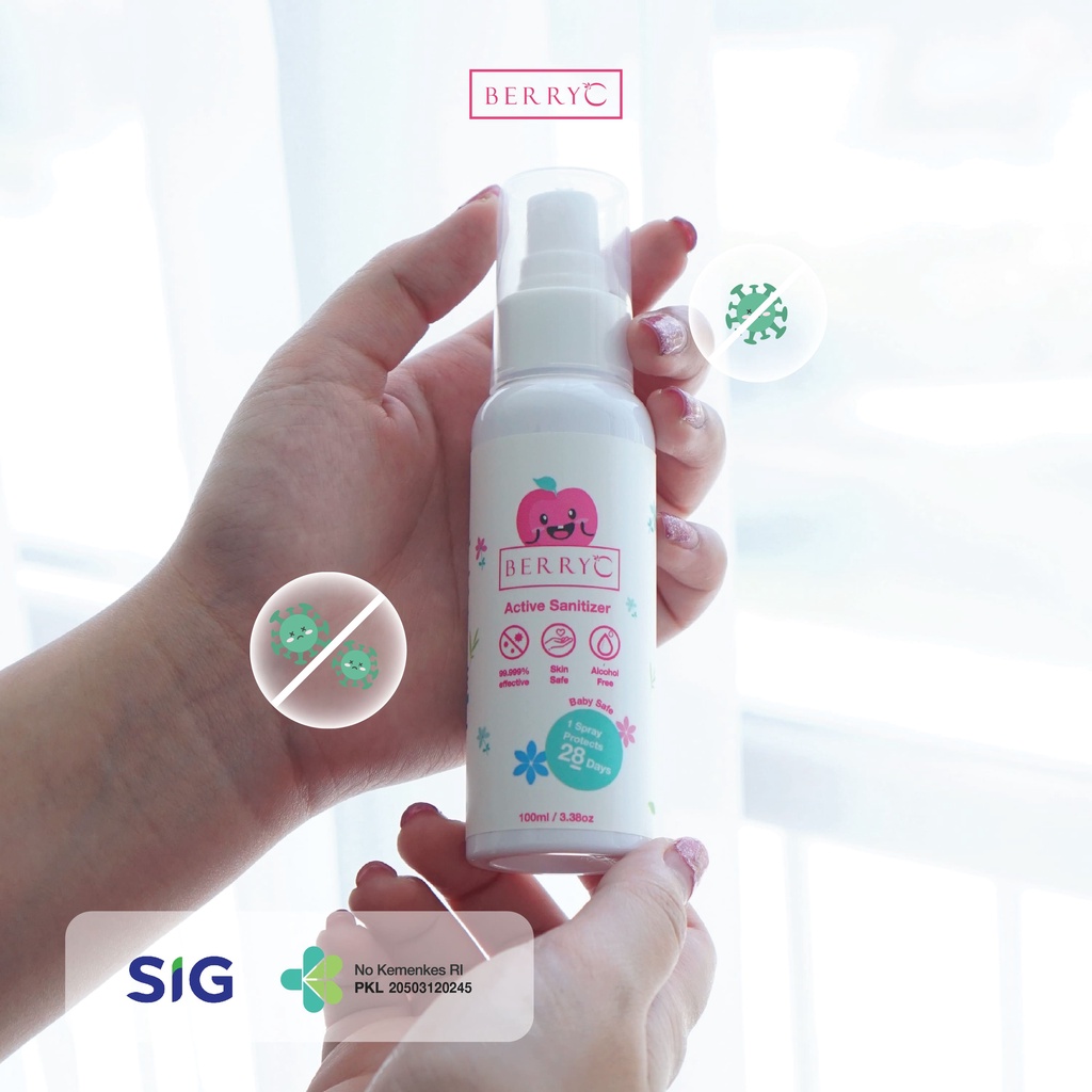 BerryC Active Sanitizer Spray 100ml Natural Food Grade Hand Antiseptik Non Alcohol Alkohol Aman untuk Bayi Anak Dewasa COVID19 HFMD Alat Makan Travel Size Refill Malaysia Halal Proteksi Protection Perlindungan Aktif Coronavirus Organik Harum Sensitif Skin