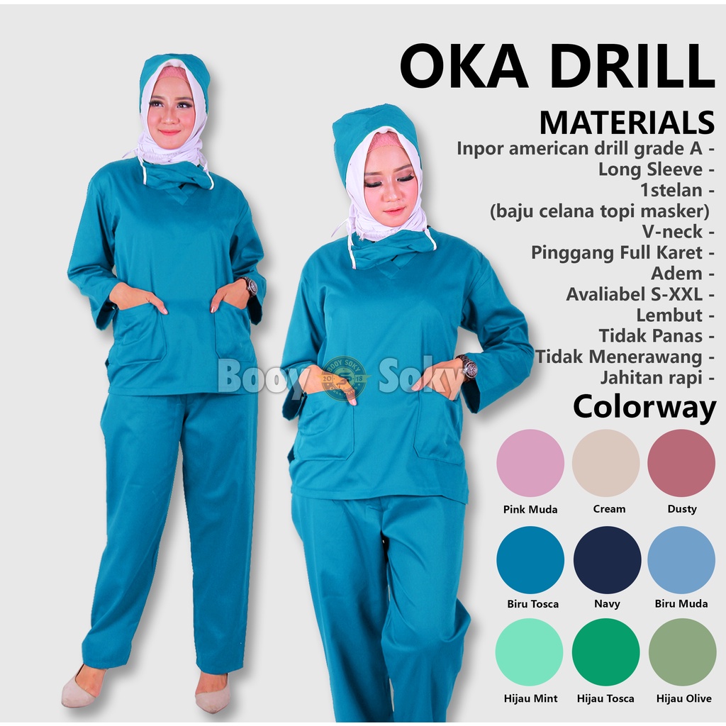 Baju Jaga Ok Oka Perawat Medis Lengan Panjang Dinas Kesehatan Malam | Baju Ok Murah Berkualitas American Drill | Set Scrub Dokter Kerah V-Biru Tosca