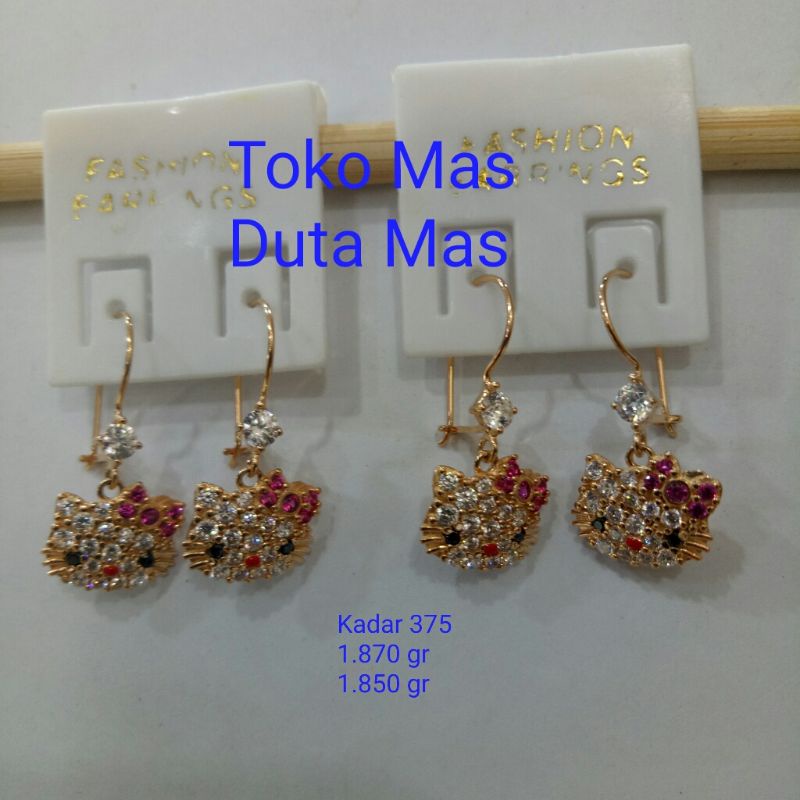 anting gantung hello kitty mata putih emas 375 asli