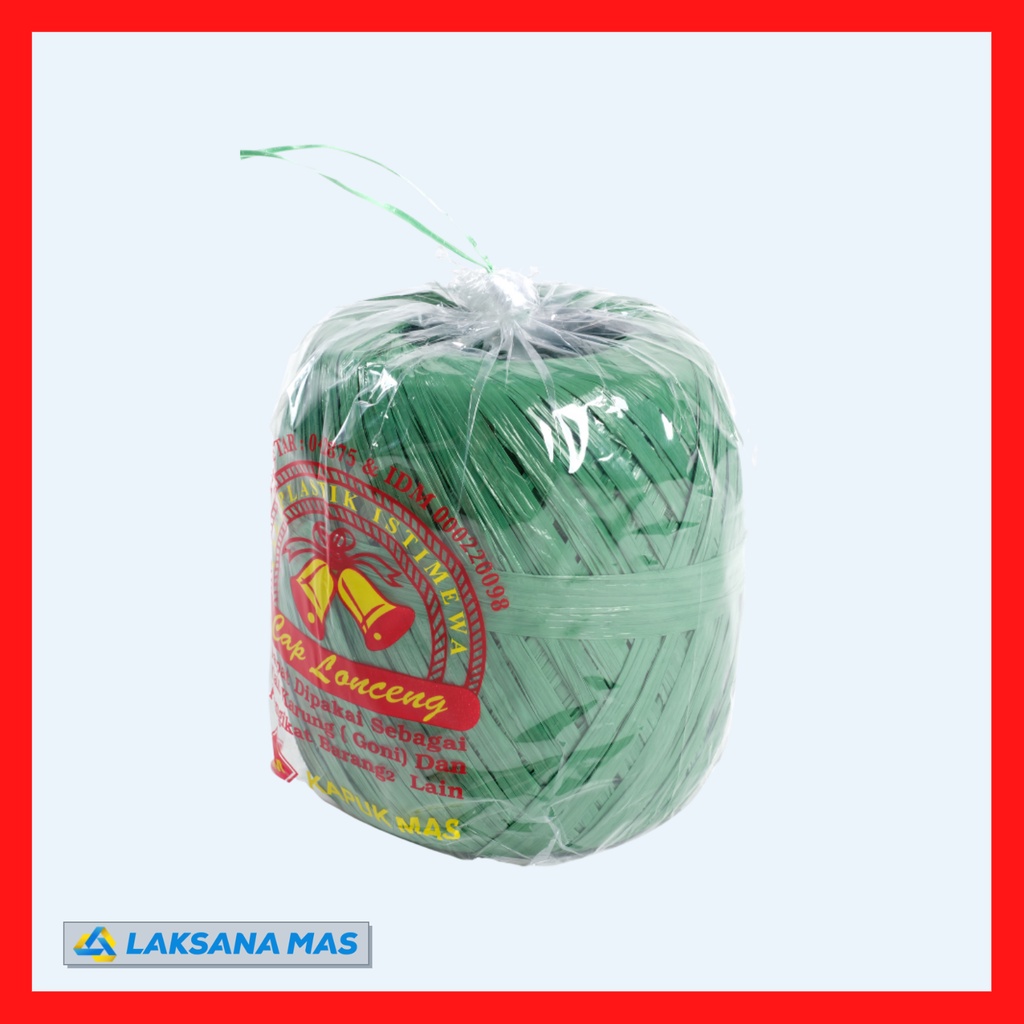 

ATH Tali Rafia Plastik Laksanamas Merek Lonceng Warna Merah/Biru/Kuning/Hijau Ukuran 1kg di