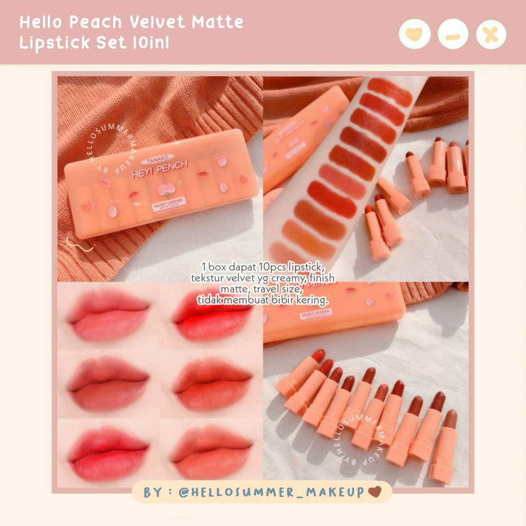 𝐌𝐀𝐓𝐓𝐄 𝐋𝐈𝐏𝐒𝐓𝐈𝐂𝐊 - TANAKO Hello Peach Hey! pench Velvet Matte Lipstick Set 10in1