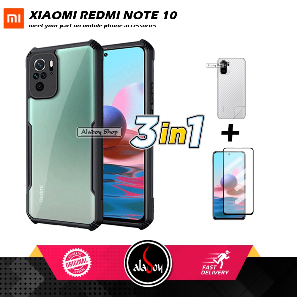 Case XIAOMI REDMI NOTE 10 Armor Fushion Transparent Casing + Tempered Glass Full Layar dan Skin Carbon