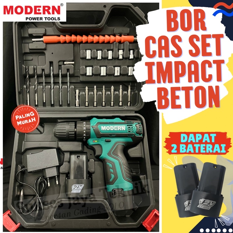 mesin bor cas beton M15 set impact tembok hammer drill charger 2 baterai modern M-15 bor tanpa kabel