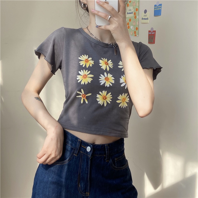 MOOGU ♡ Print crop top kaos wanita t-shirt lengan pendek atasan baju wanita