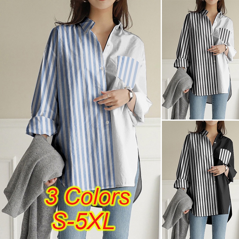 ZANZEA Women Casual Long Sleeve Lapel Loose Striped Patchwork Blouse