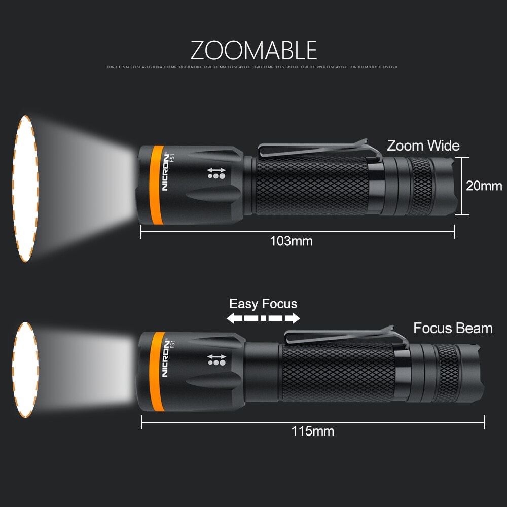 NICRON F51 - Mini Portable Focus Dual- Power Flashlight - Senter Portabel Zoom-In Zoom-Out 600 Lumens