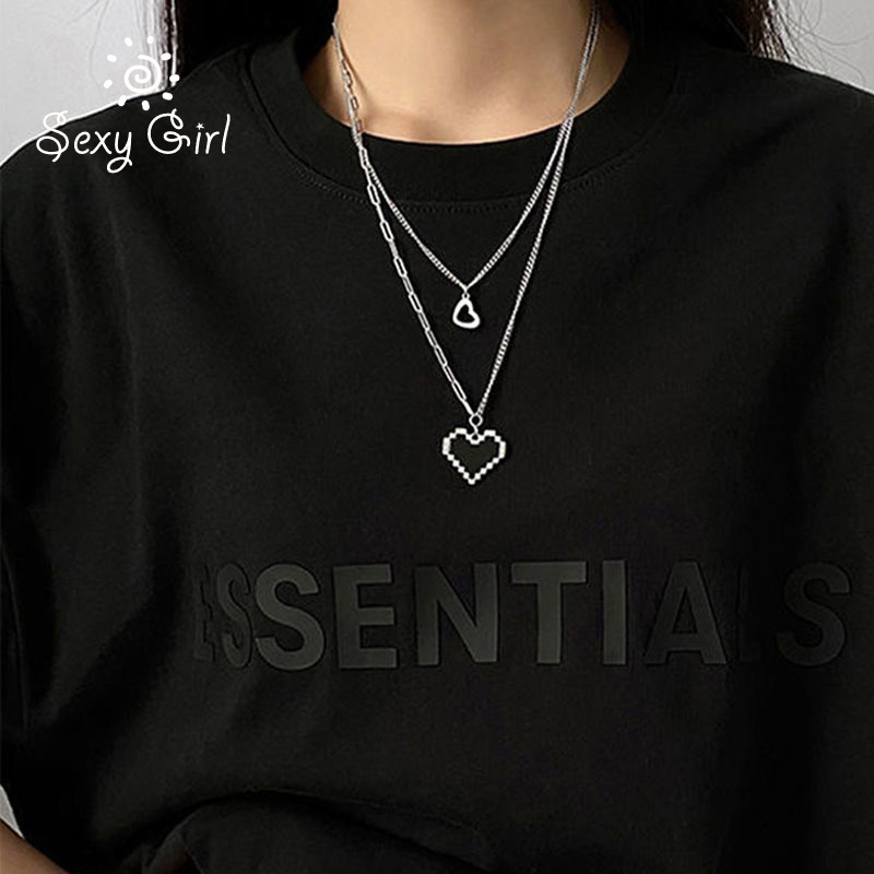 Kalung Rantai Klavikula Lapisan Ganda Desain Mosaik Hati Warna Hitam Gaya Hip Hop Untuk Wanita