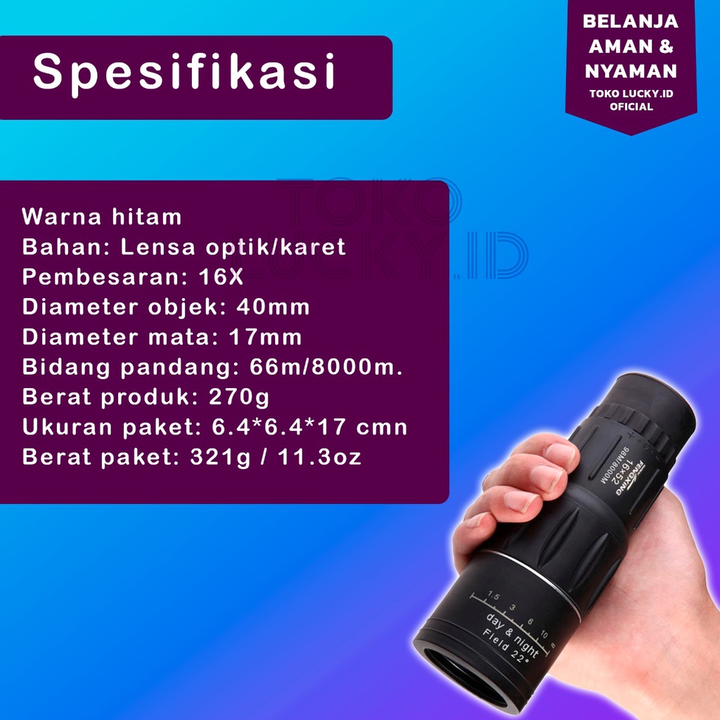 Teleskop Lensa Zoom HP Monocular 16*52 40mm Focus Day Night Jarak Jauh