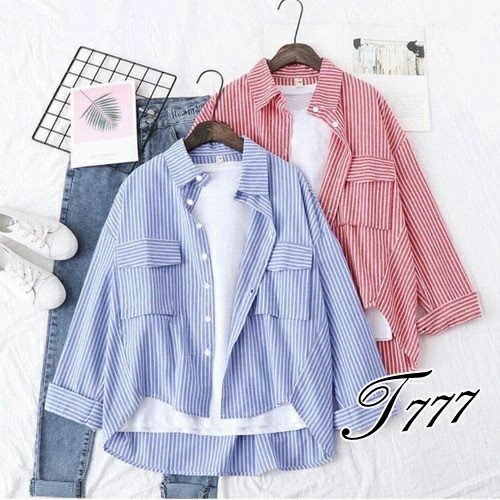 Kemeja Stripe Ribka / Kemeja Wanita Hem Wanita Korea Garis Lengan Panjang/ Atasan Wanita