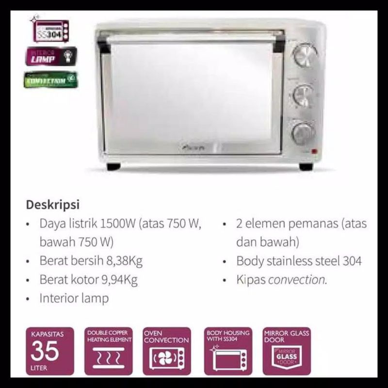 KIRIN OVEN LISTRIK 35 LITER KBO 350CL KBO 350 KBO-350 STAINLESS STEEl