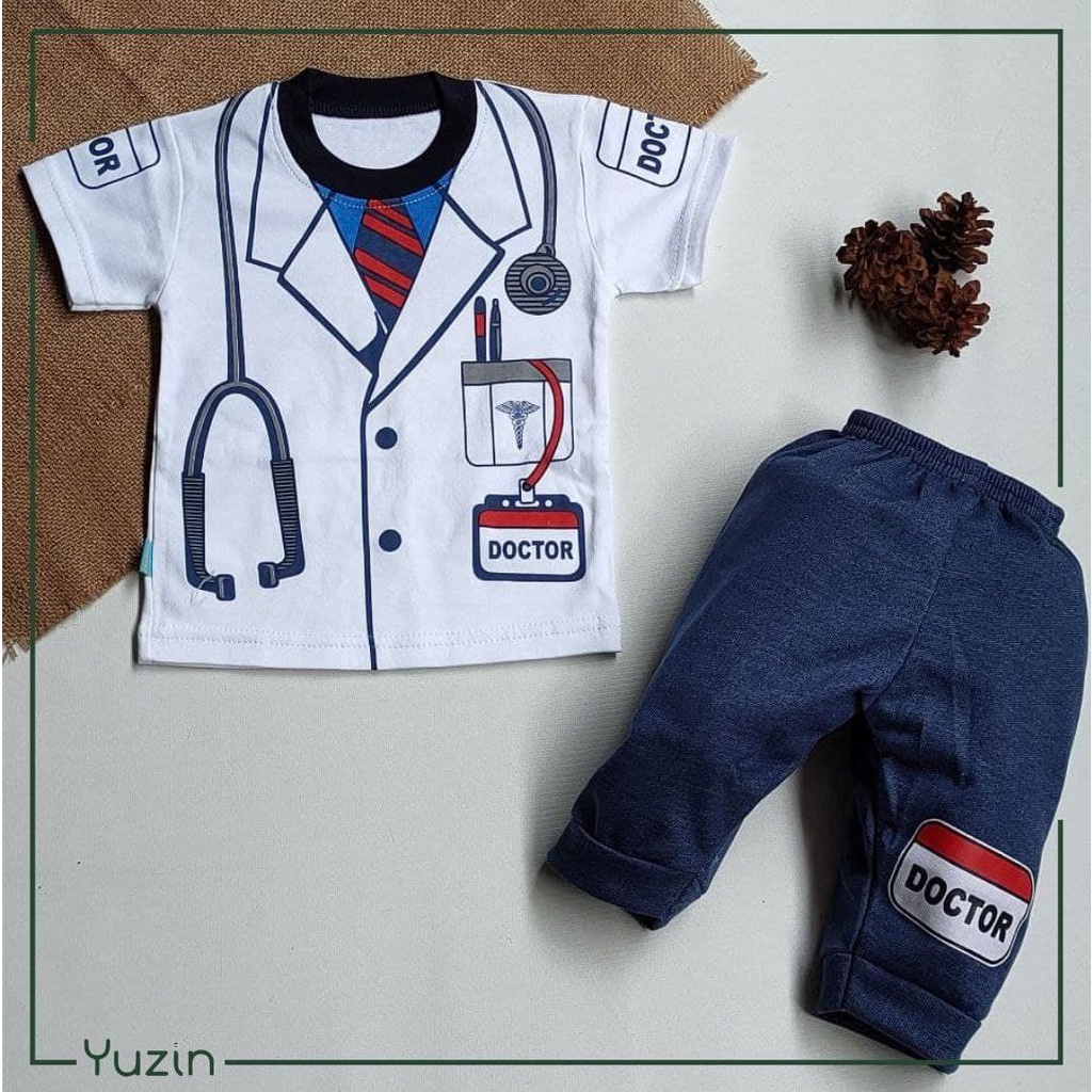 Baju setelan anak laki laki perempuan profesi dokter cilik set pakaian bayi umur 3 bulan 1 tahun bah