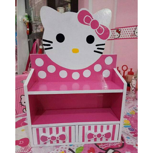 rak kayu kosmetik parfum hellokitty