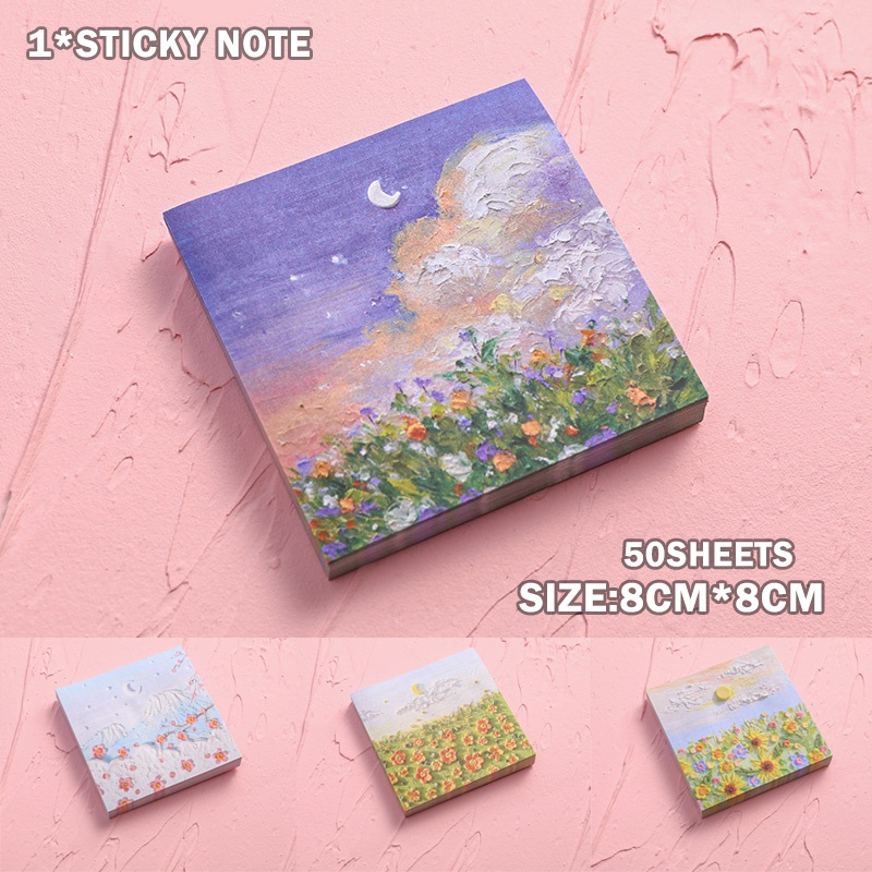 50 Lembar Kertas Memo Sticky Note Bentuk Kotak Motif Lukisan Cat Minyak Untuk Scrapbook Diy