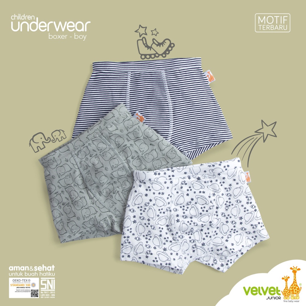 Velvet Boxer Segiempat isi 3 Full Print - Celana Dalam Anak Motif Size SML