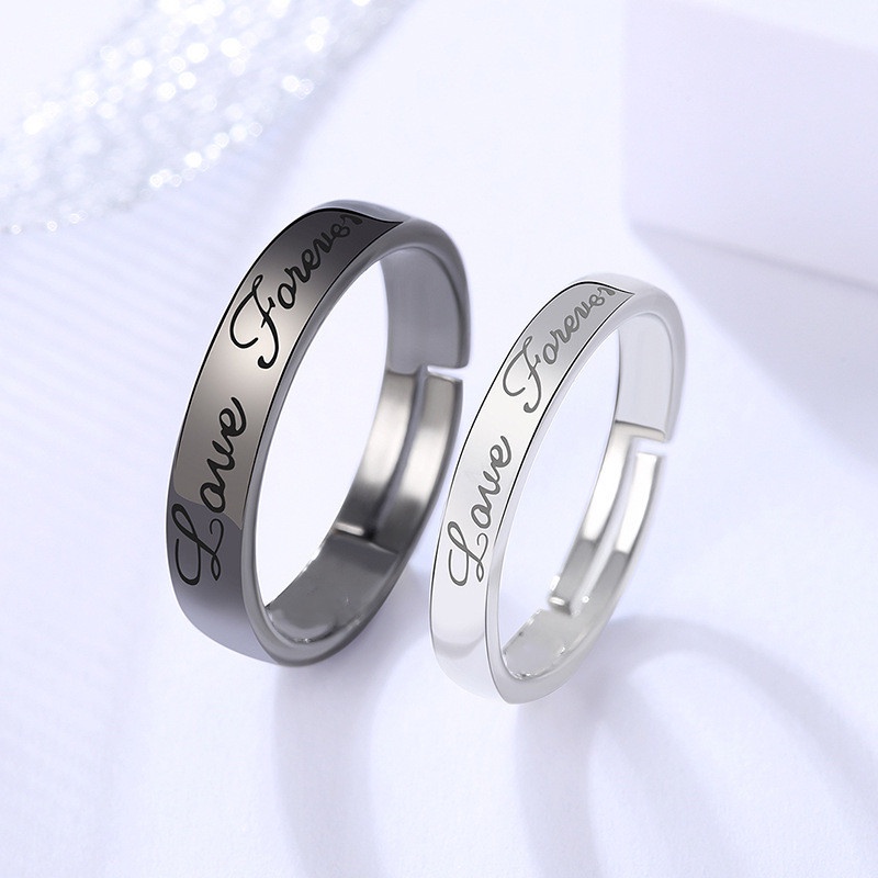 Cincin Model Terbuka Adjustable Desain Hati ECG Forever Love Warna Hitam Putih Untuk Pria Dan Wanita