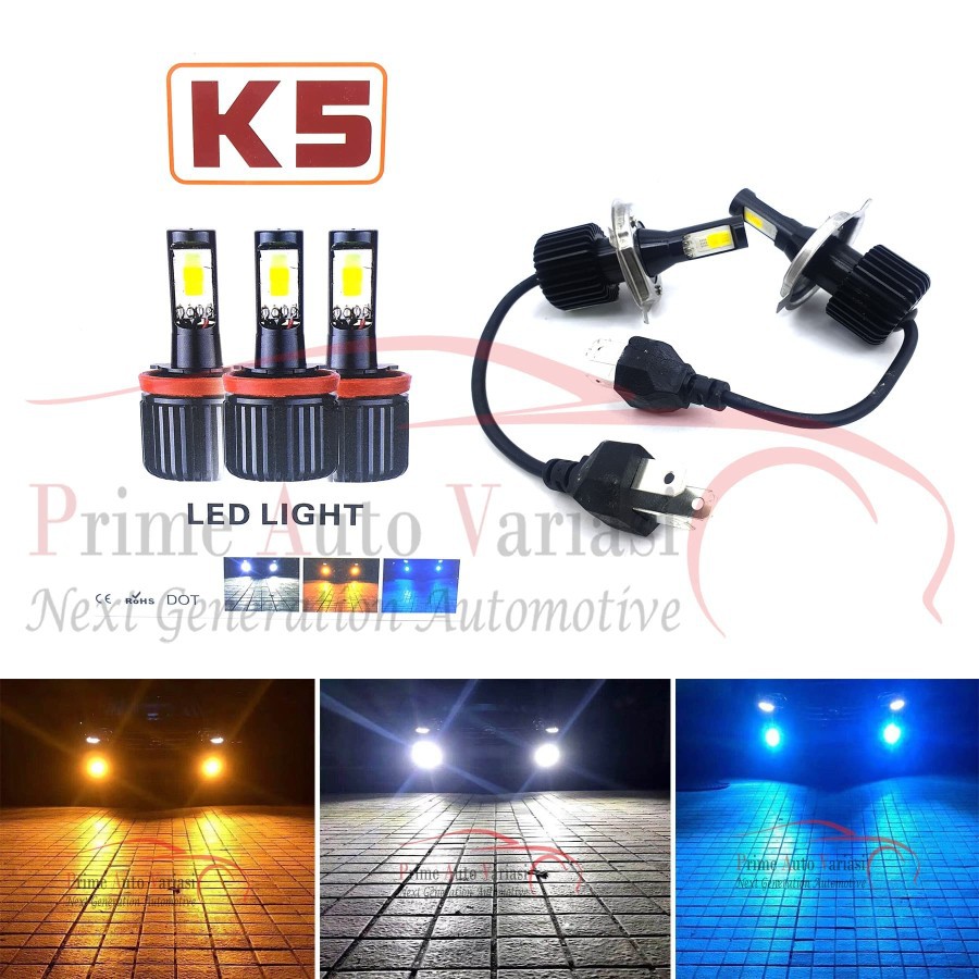 Lampu LED Mobil Turbo LED 3 Warna K5 Socket H1 H4 H11 HB3 HB4 Universal