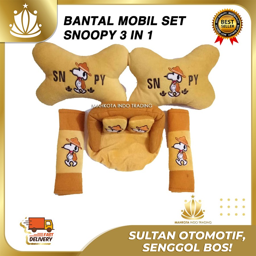 Bantal Jok Mobil Snoopy 3in1 / Bantal Leher Mobil Snoopy / Tempat Tisue Snoopy Warna Cokelat