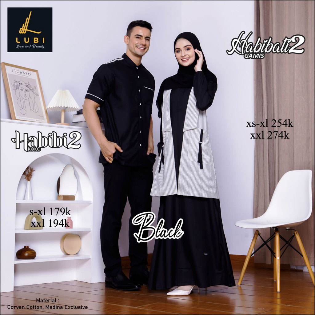 Lubi Couple Koko Habibi 2 dan Gamis Habibati 2 Kaple Terbaru Bahan Corven Cotton