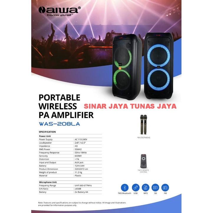 Speaker Portable Aiwa Was-208LA Double Woofer 2x8 inch Super Bass New Speaker