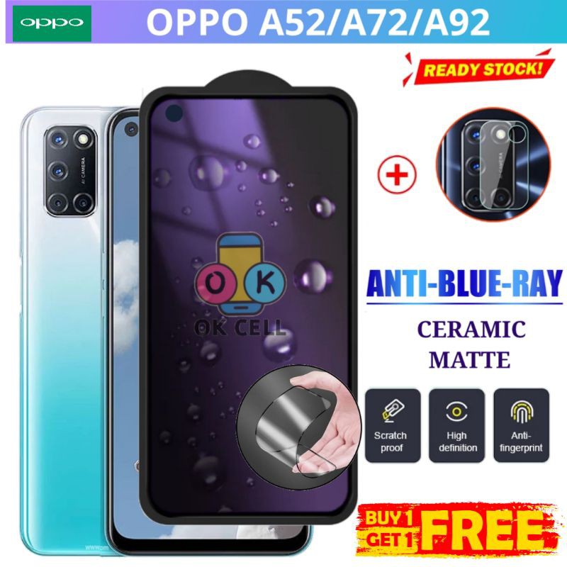 2in1- Tempered Glass Ceramic Anti Blue Matte Light Oppo A52 A72 A92 TG Anti Gores Radiasi Full Layar