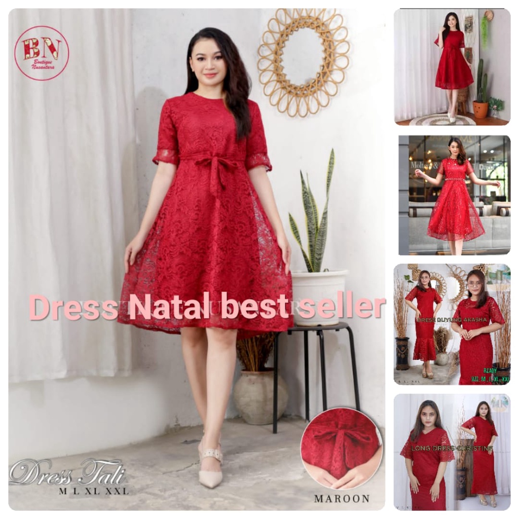 [ COD ] Dress Brukat Remaja Modern Dress modern Dress Natal Baju Natal Korea  Dress Wanita Dress kon