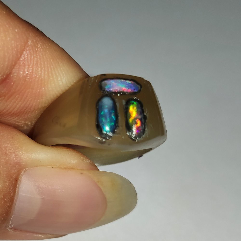 CINCIN BATU AKIK PERMATA NATURAL KALIMAYA BANTEN KRISTAL SUSU OPAL MATA 3 RING TANDUK