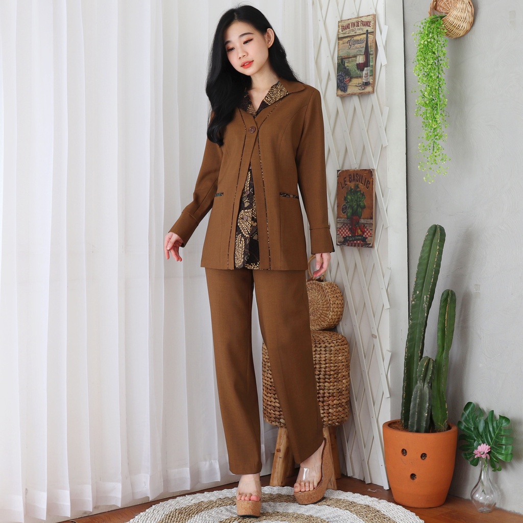 Seragam Guru Variasi Batik PNS  Wanita Jas Pemda Wanita PDH Guru Set Celana - 6602 Coklat Tua
